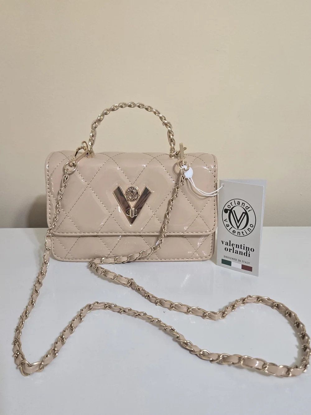 Valentino Orlandi Quilted Patent Vegan Leather Shoulder Bag in Nude - Picture 1 of 12